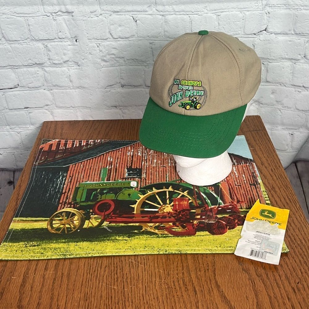 “My Grandpa Drives John Deere" Snapback Cap & John Deere Placemat for kids